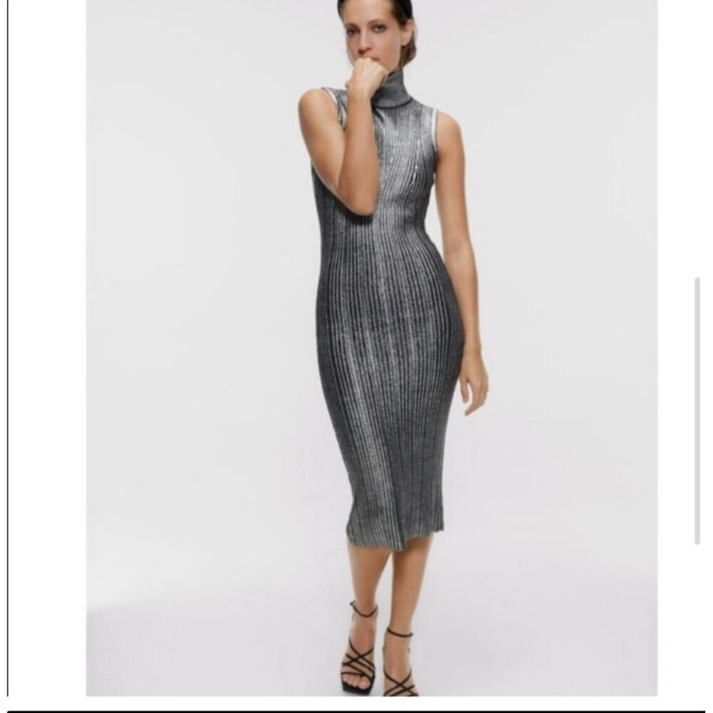 New Zara Metallic Effect Knit Midi Dress Size Medium